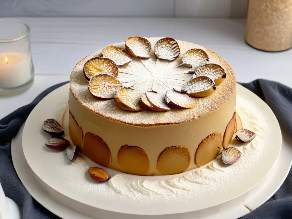 Delicado pastel de almendra sin gluten, decorado con almendras y azúcar glass, sobre un elegante soporte