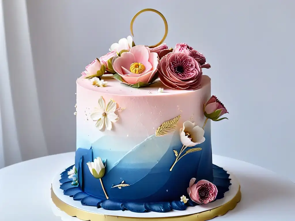 Delicado pastel con capas de azul a rosa, decorado con flores y detalles en oro