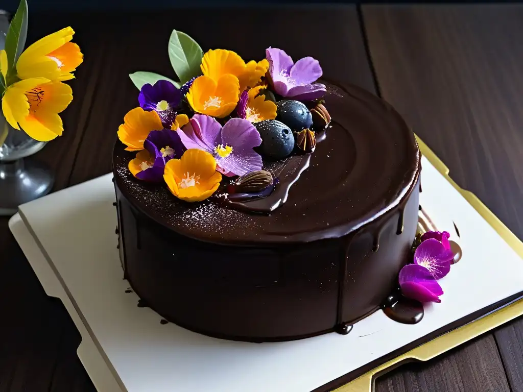 Delicado pastel de chocolate con aceite de oliva, decorado con flores comestibles