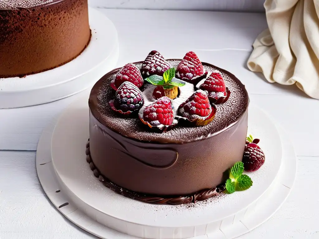 Delicado pastel de chocolate con Certificados Comercio Justo repostería, frambuesas y hojas de menta en plato blanco
