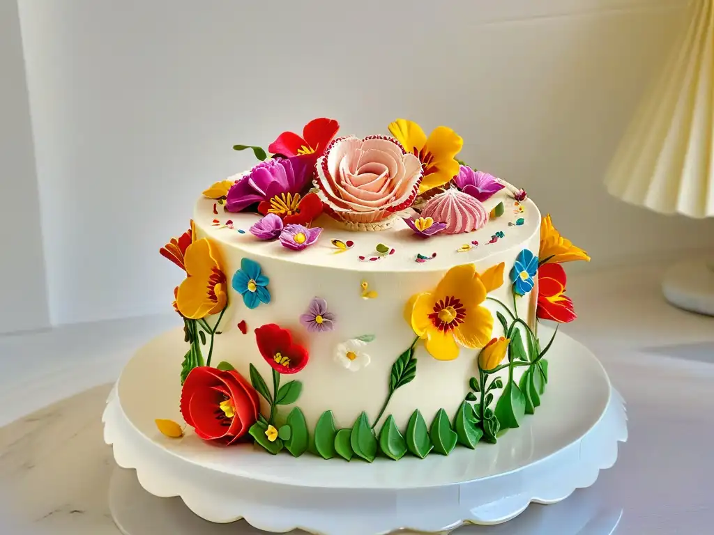 Exquisita decoración de pastel de cumpleaños: detalle y color Delicado pastel de cumpleaños decorado con precisión: piping, flores comestibles y sprinkles coloridos