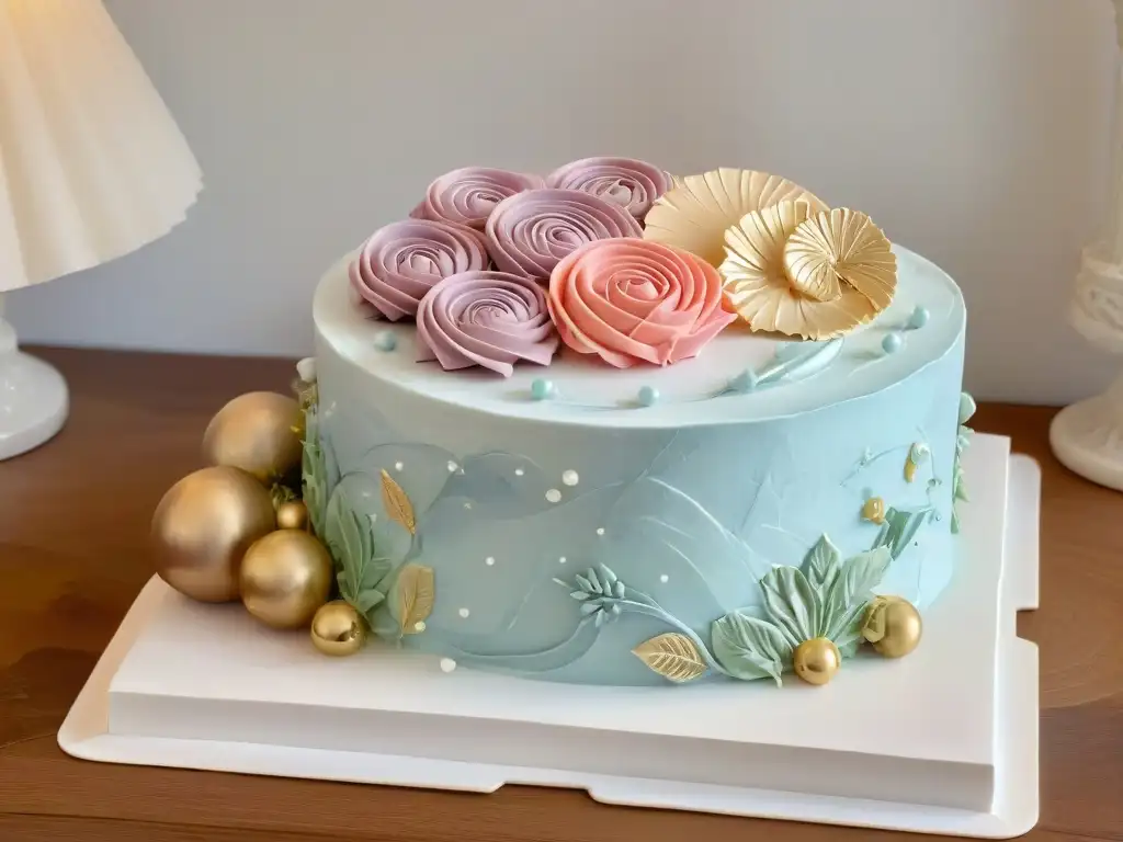 Un delicado pastel decorado con precisión y arte en un elegante mostrador de mármol blanco