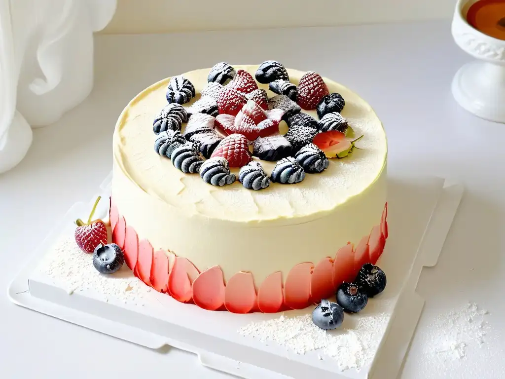 Delicado pastel decorado con detalles de frosting, frutas frescas y flores comestibles