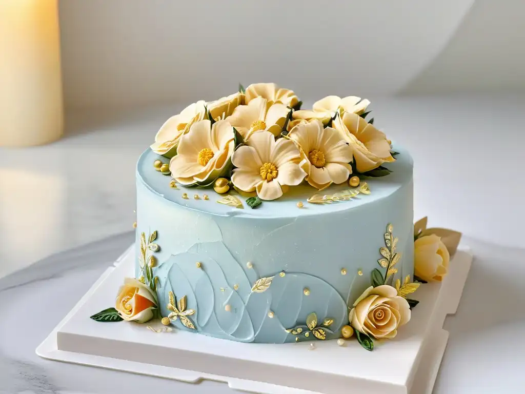 Delicado pastel decorado con detalles florales y oro comestible, en un elegante soporte de mármol, estrategias Instagram pasteleros visibilidad