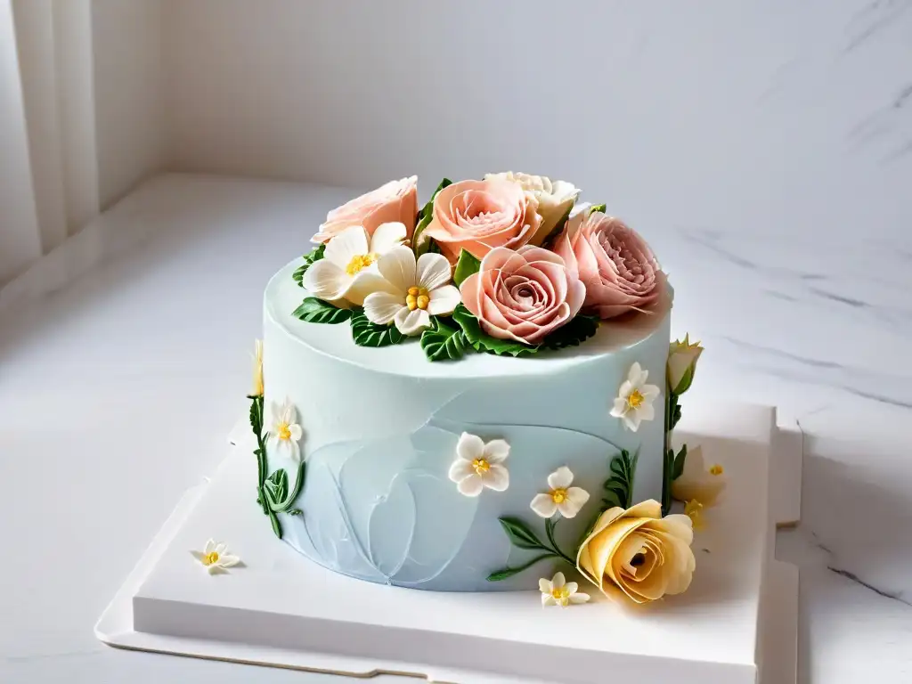 Delicado pastel decorado con flores de azúcar en tonos suaves, sobre mármol