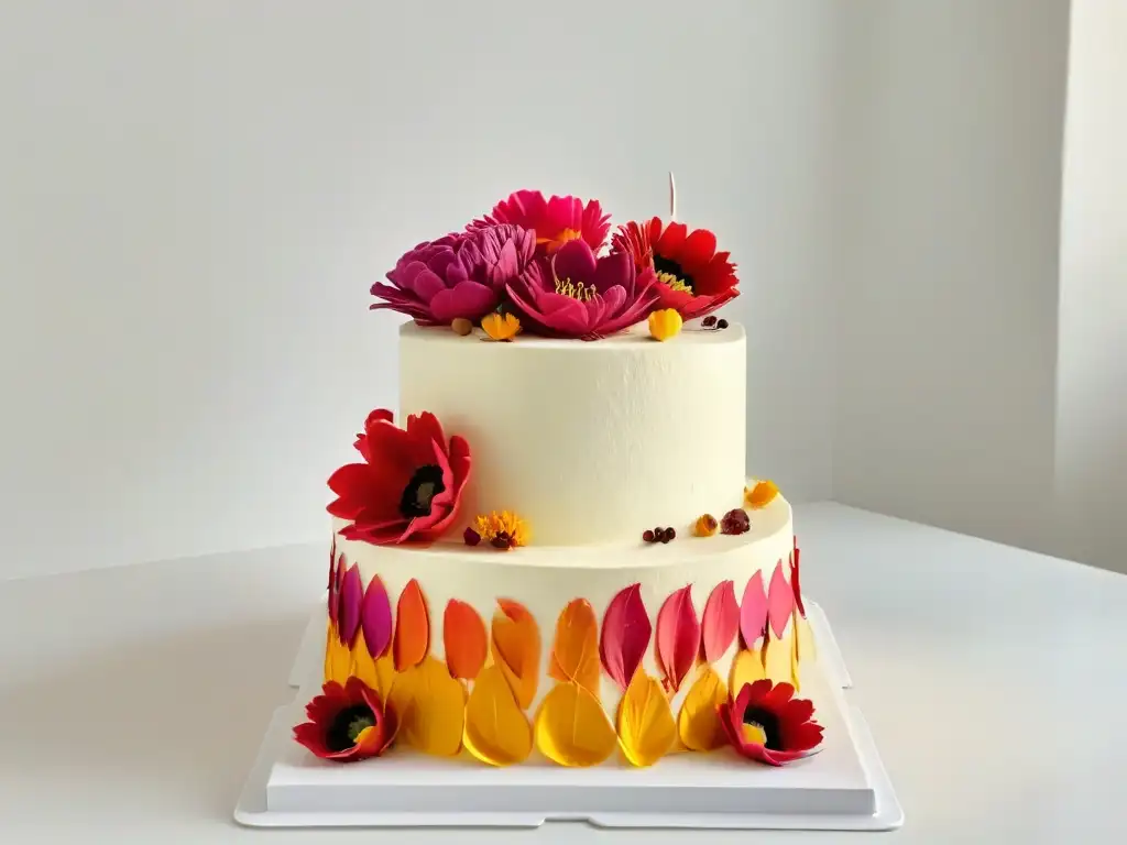 Delicado pastel decorado con pétalos de flores coloridos usando colorante natural achiote para pasteles, sobre un elegante soporte blanco