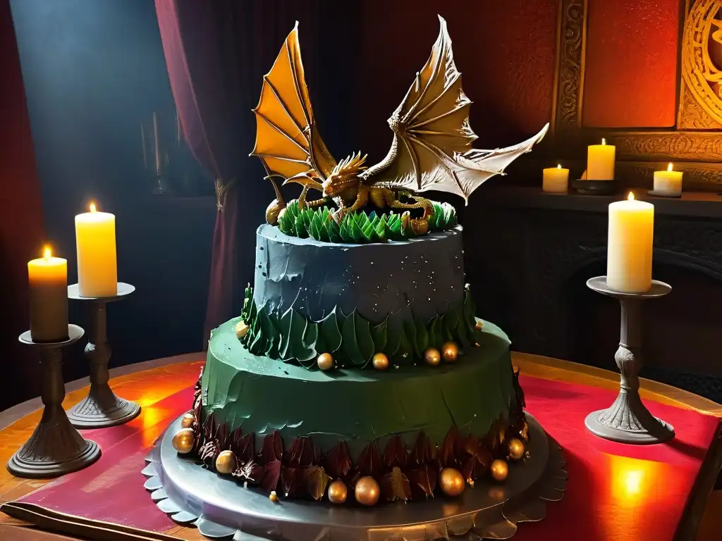 Delicado pastel dragón Juego de Tronos en mesa medieval decorada con velas y copas de vino, en un ambiente de banquete real