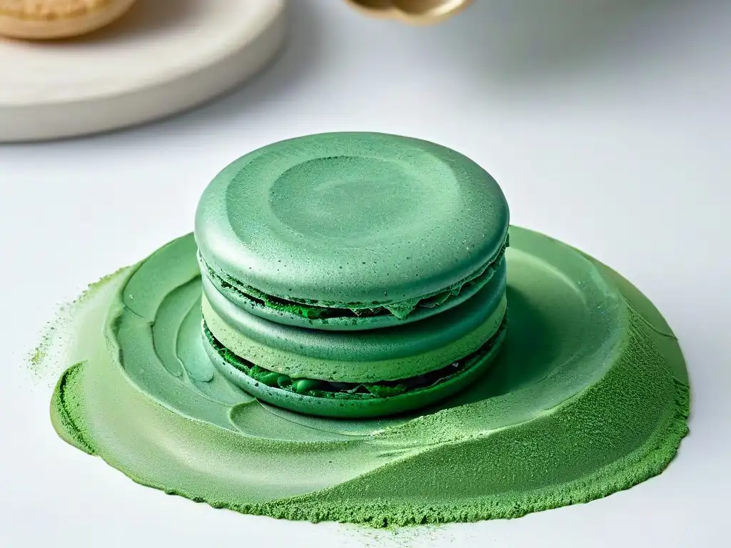 Delicado macaron pastel con espirulina, detalle y contraste vibrante