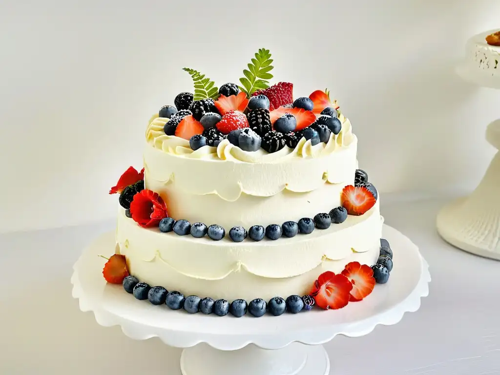 Delicado pastel sin gluten para cumpleaños, decorado con frutas y flores comestibles en un elegante soporte blanco