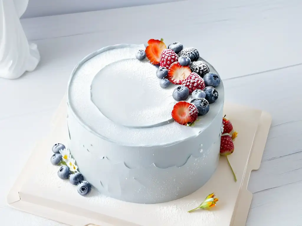 Pastel sin gluten decorado con arte y sofisticación Delicado pastel sin gluten decorado con frutas y flores comestibles en un elegante fondo blanco