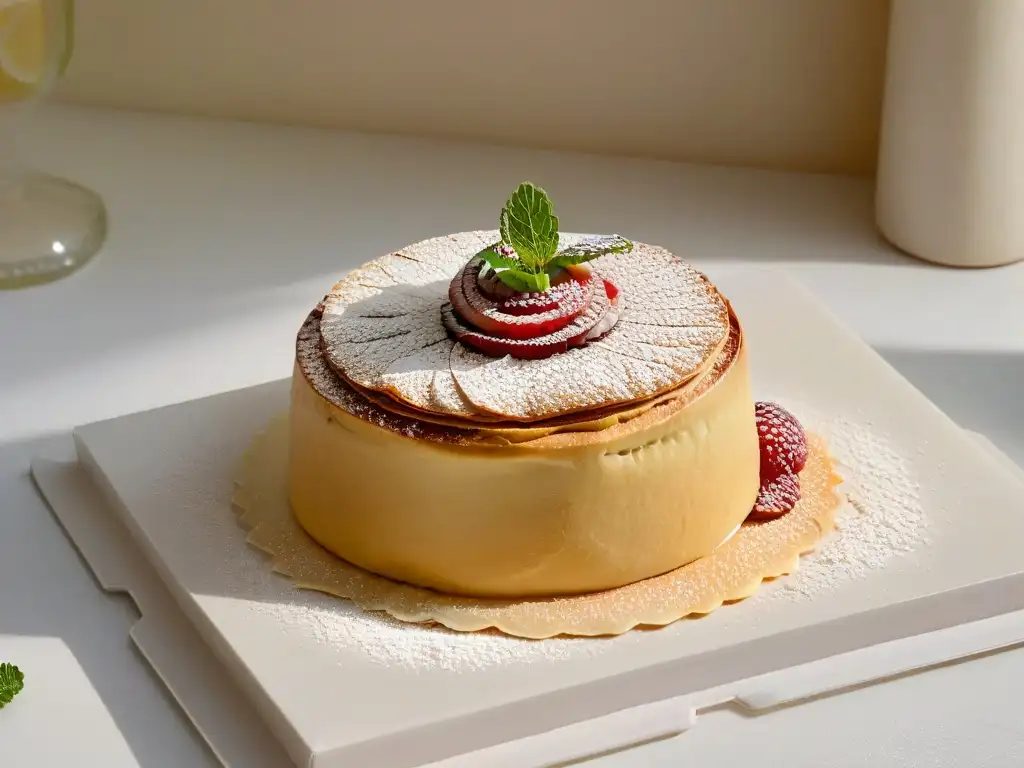 Delicado pastel de guayaba en plato blanco sobre mármol, destacando sus capas doradas y relleno de guayaba