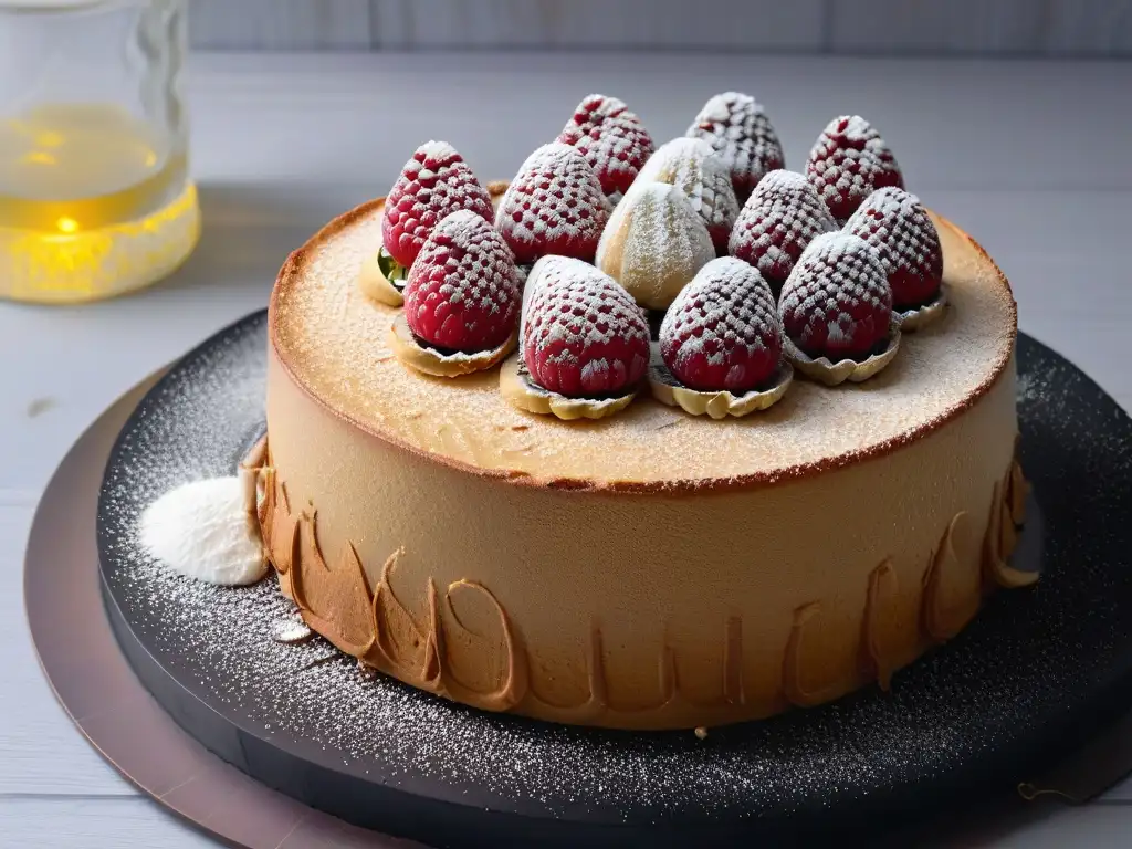 Delicioso pastel de almendra keto con frambuesas frescas Delicado pastel de harina de almendra en un elegante plato negro, decorado con frambuesas frescas