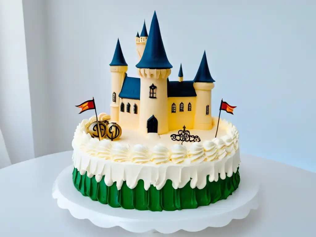 Delicado pastel inspirado en Hogwarts con detalles mágicos, en un fondo blanco