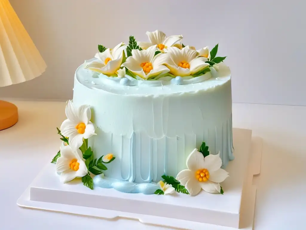 Delicado pastel de tres leches decorado con flores blancas y zapatitos de azúcar