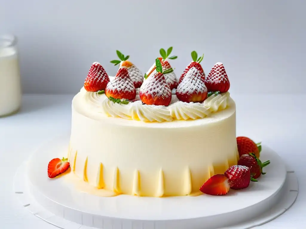 Tres leches: delicia minimalista con fresa roja Delicado pastel tres leches perfecto con capas húmedas, baño de leche y fresa vibrante
