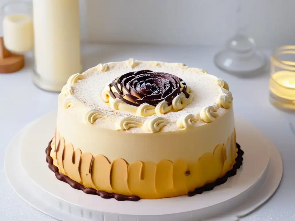 Delicioso pastel de tres leches con ron y chocolate Delicado pastel de tres leches con toque de ron y chocolate en elegante cocina moderna
