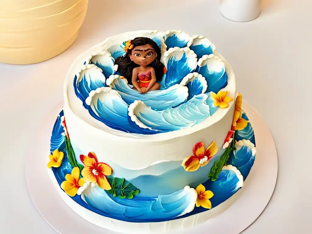 Delicado pastel Moana con detalles fondant y flores tropicales en un fondo blanco