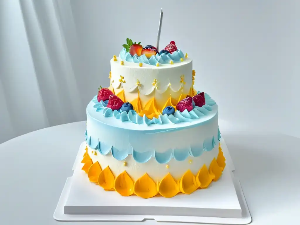 Delicado pastel multicolor con detallado trabajo de repostería, ideal para estrategias Instagram pasteleros visibilidad