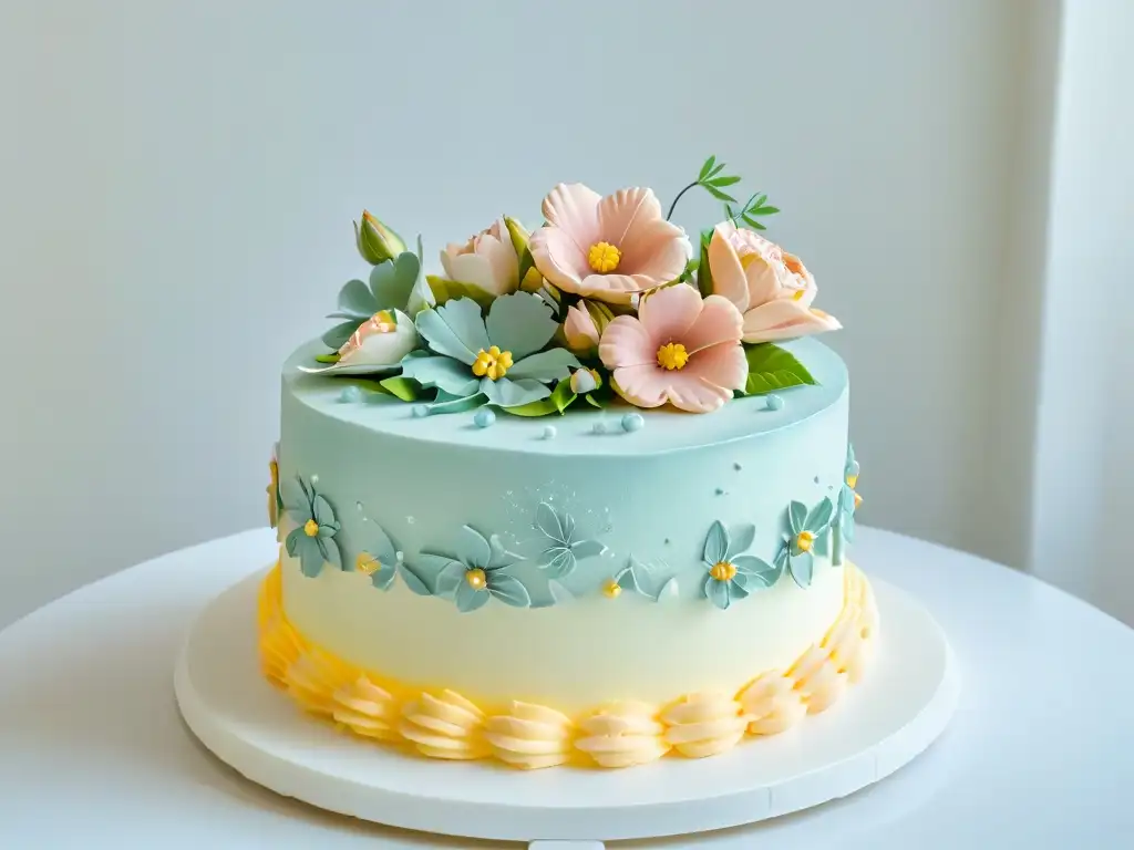 Delicado pastel de tres pisos decorado con flores de azúcar, detalles en dorado y repostería elegante inspirada en Bake Off