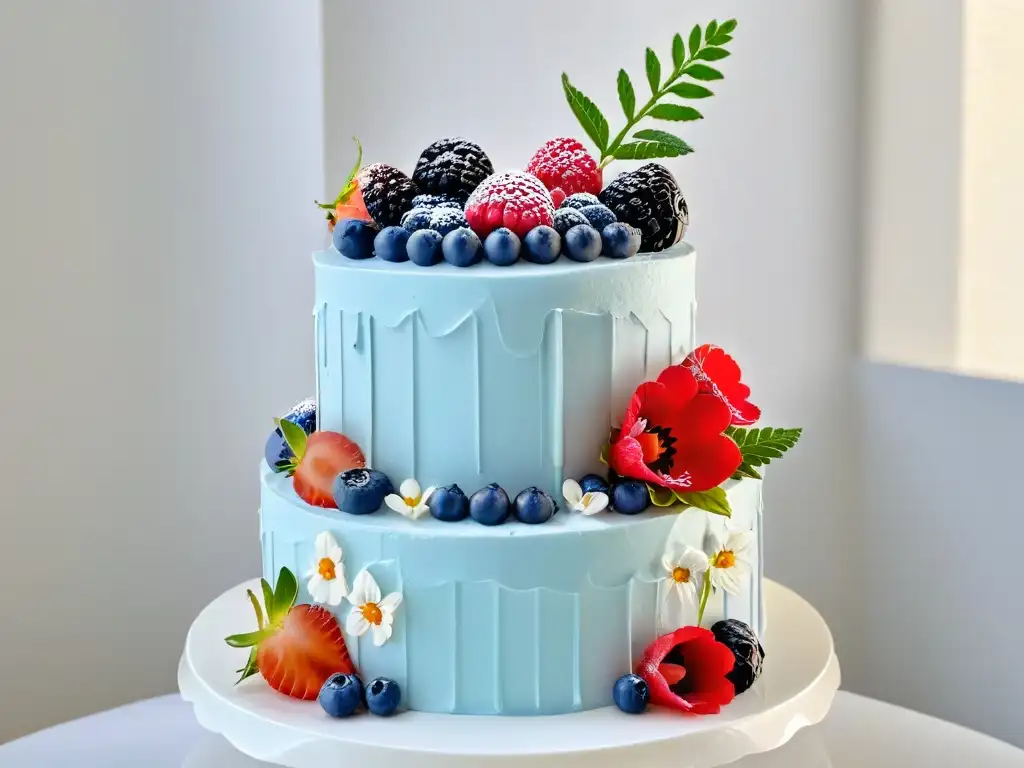 Exquisita tarta keto de tres niveles con berries y flores comestibles Delicado pastel keto de tres pisos con bayas frescas y flores comestibles, en un fondo blanco