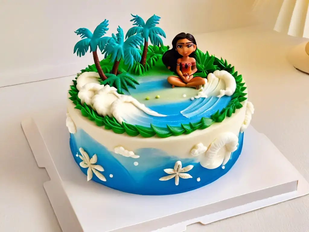 Delicado pastel temático Moana con detalles precisos de utensilios cocina repostería temática Moana