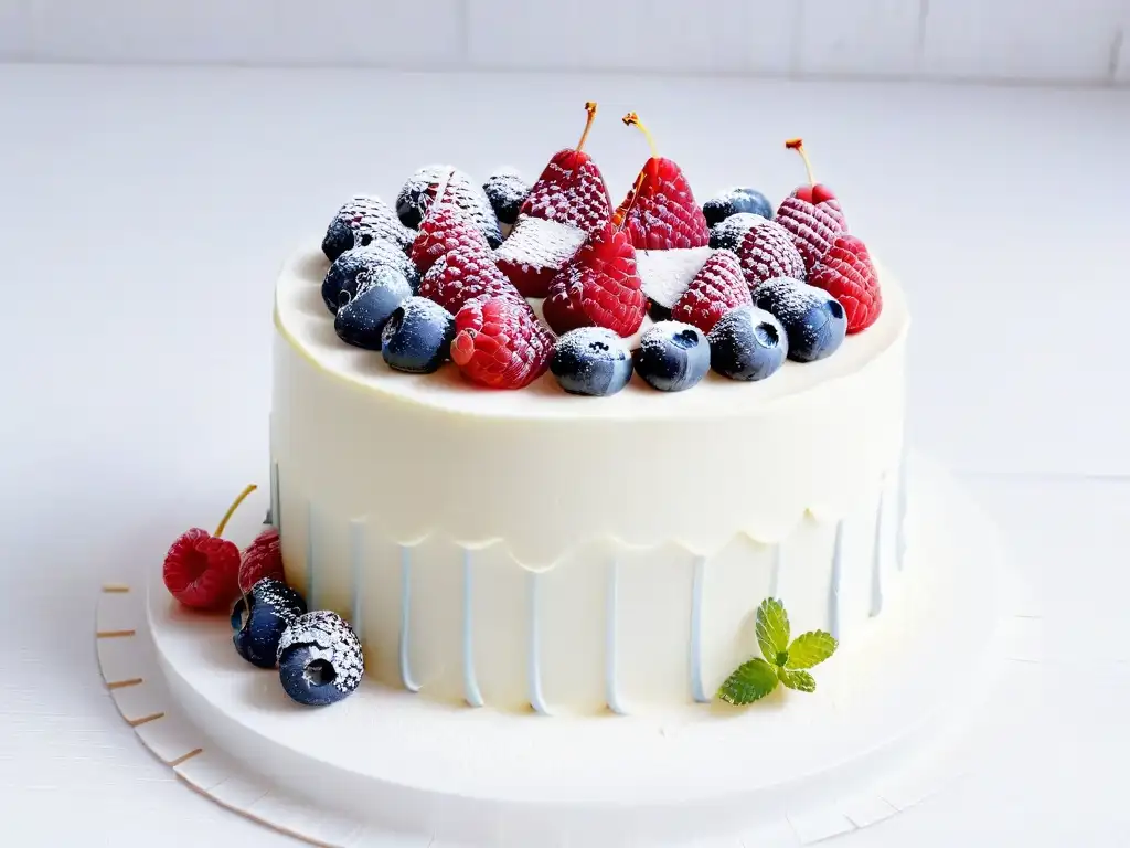 Delicioso pastel europeo con decoración floral y frutas vibrantes Delicado pastel tradicional de Europa del Este con decoraciones florales y frutas vibrantes, en un elegante fondo blanco
