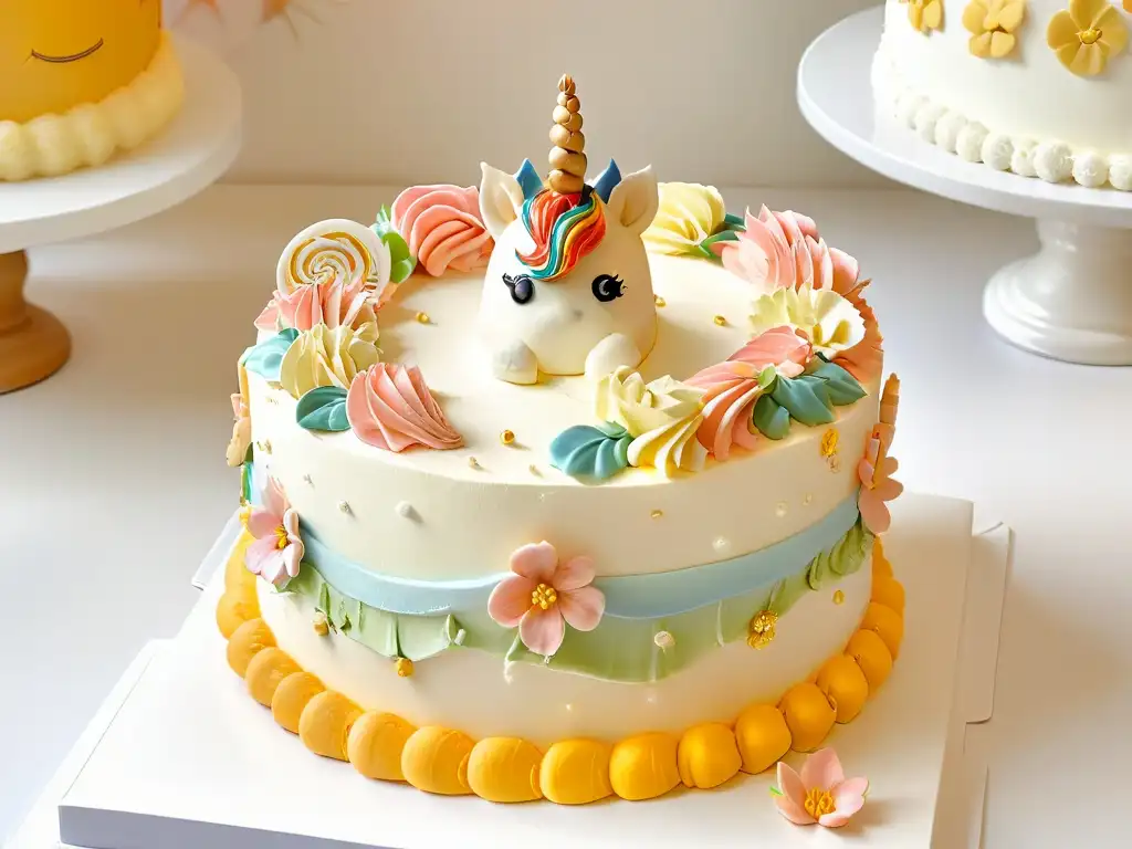 Pastel unicorn cake 8K: detalle y magia Delicado pastel unicornio con decoración detallada y tendencias en decoración de pasteles infantiles