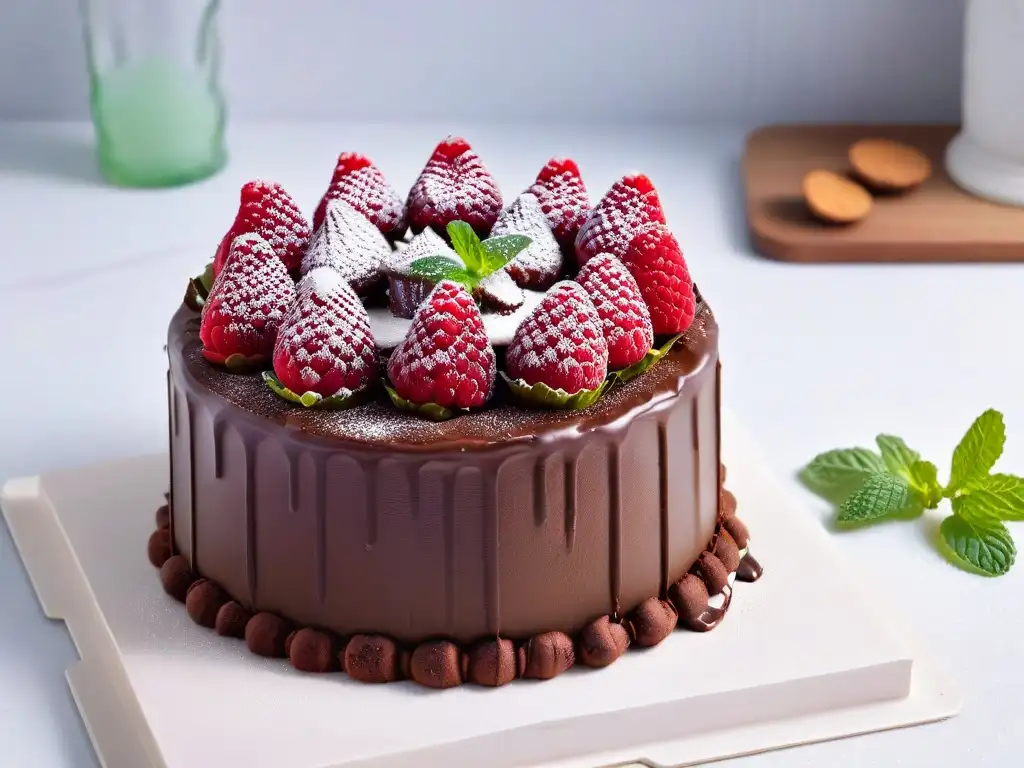 Delicado pastel vegano de chocolate con frambuesas y menta en un elegante soporte de mármol blanco