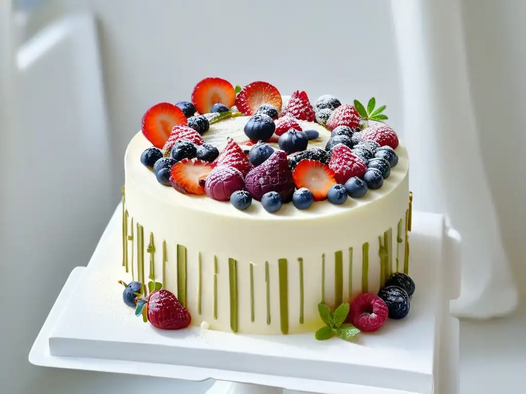 Delicado pastel vegano orgánico decorado con frutas frescas y flores comestibles