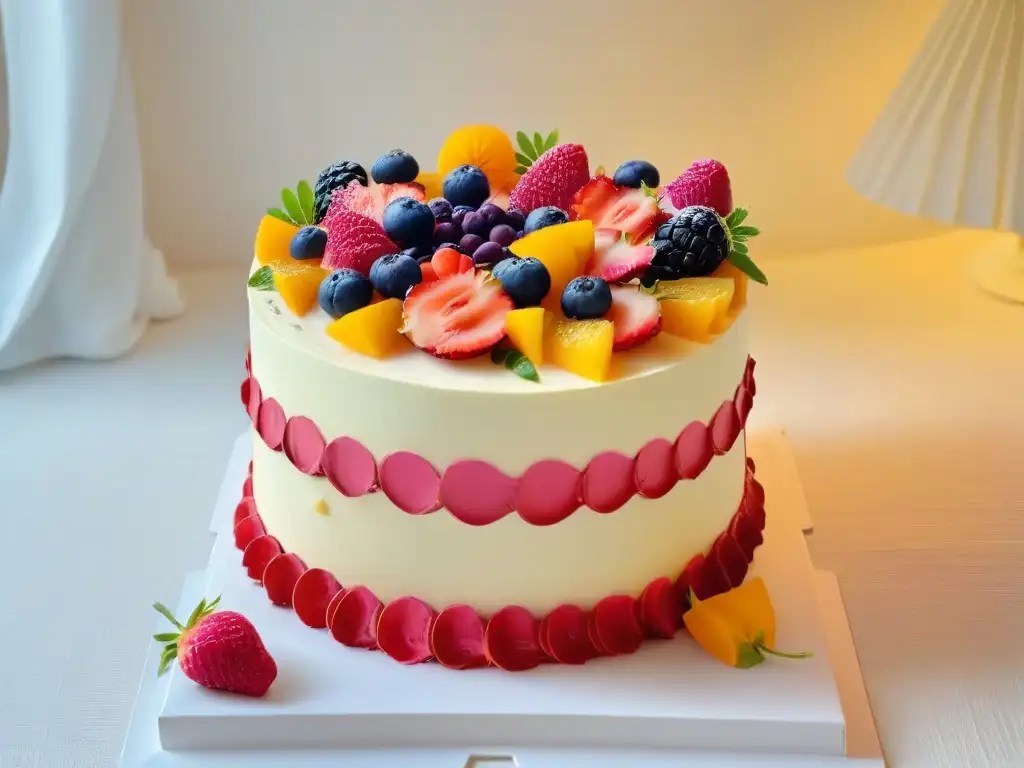 Delicado pastel vegano orgánico decorado con frutas frescas y flores comestibles