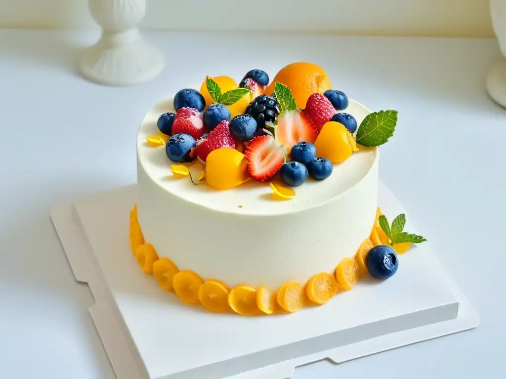 Delicado pastel vegano orgánico decorado con frutas frescas y flores comestibles