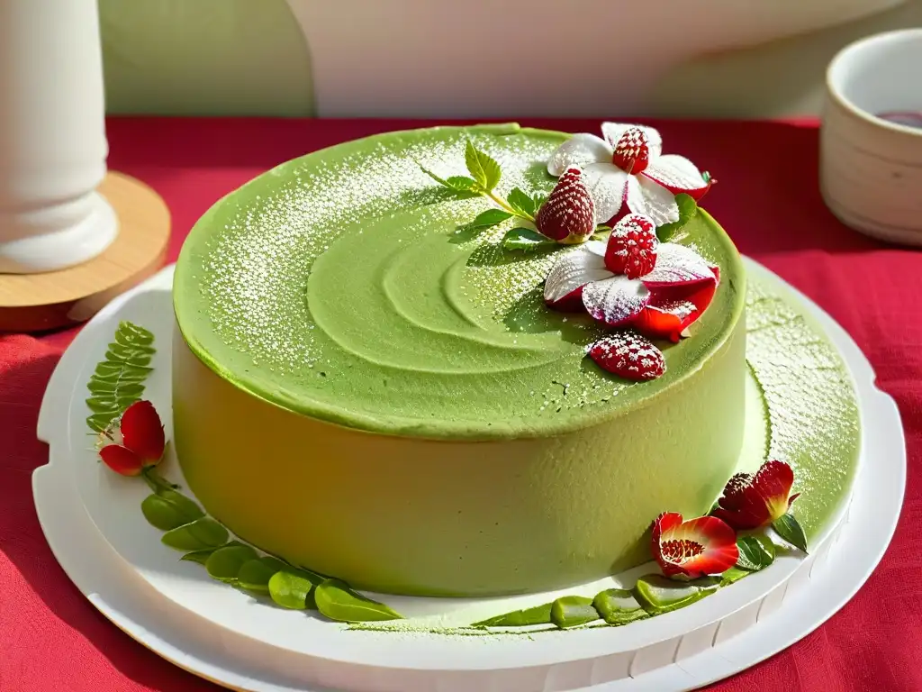 Delicado pastel vegano de té verde matcha rodeado de vajilla japonesa, decorado con flores comestibles y frambuesas frescas