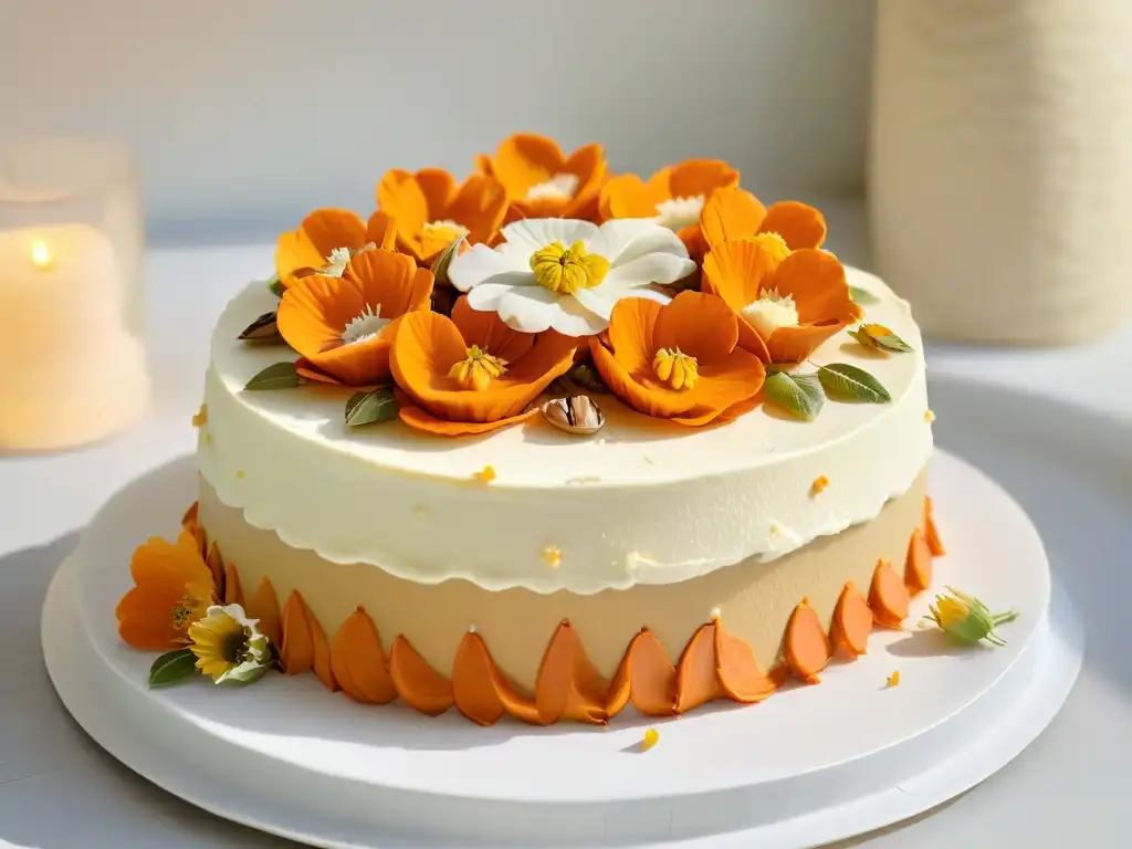 Delicado pastel vegano de zanahoria orgánica con flores comestibles y nueces, sobre pedestal blanco