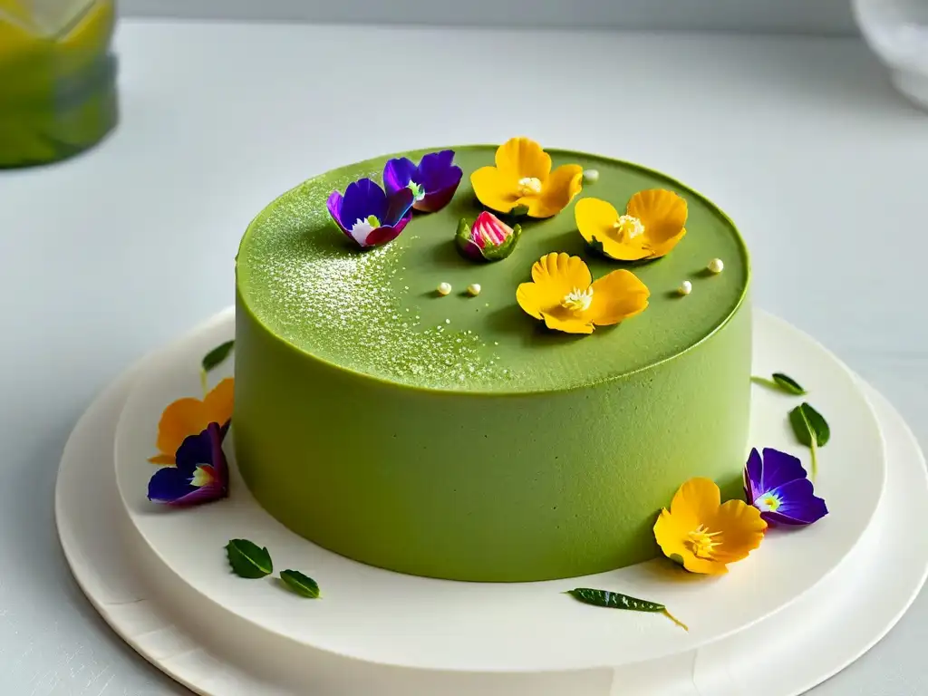 Delicado pastel de té verde con flores comestibles en plato moderno, ideal para recetas de postres con té verde