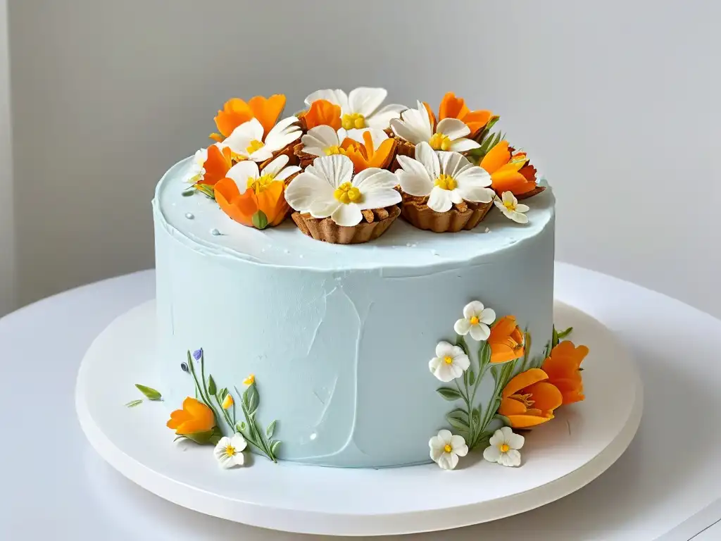 Delicado pastel de zanahoria orgánico de Claire Ptak, adornado con flores comestibles en tonos suaves sobre fondo blanco