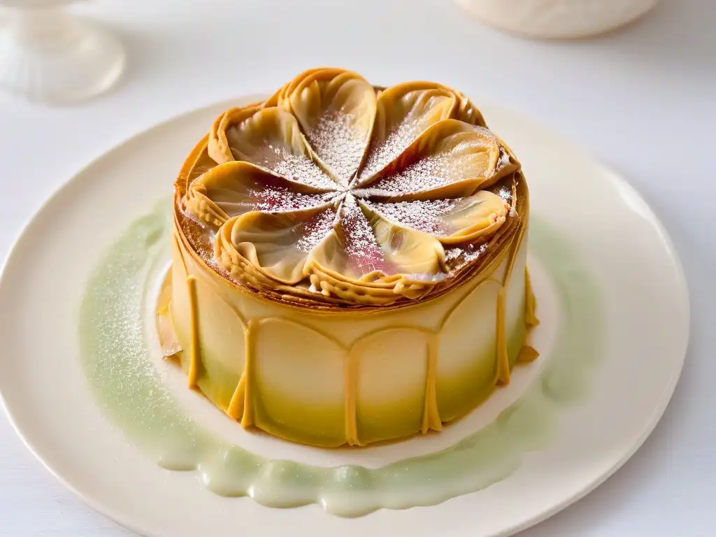 Delicado baklava de cardamomo con petalos de rosa, presentado elegantemente en plato blanco moderno con glaseado de agua de rosas