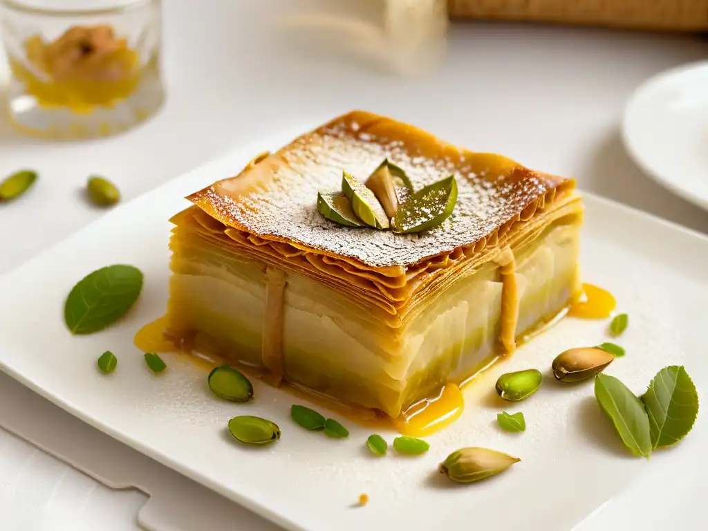 Delicado baklava con pistachos y pétalos de rosa, en plato blanco, capturando la esencia de la repostería Medio Oriente sabores globales