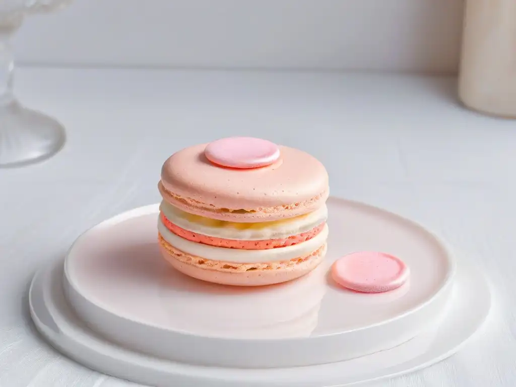 Delicado macaron francés rosa sobre plato blanco, iluminado naturalmente