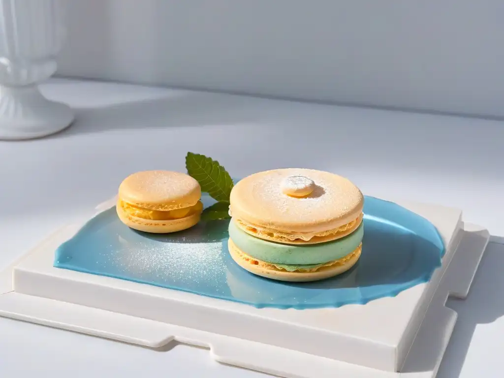 Macaron delicado en plato moderno con decoraciones vibrantes, destacando el arte de la repostería