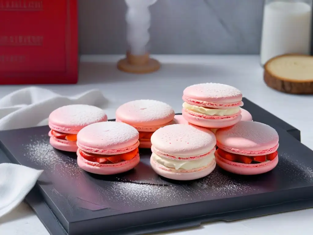 Delicado macaron rosa sobre plato negro con cocina francesa de fondo