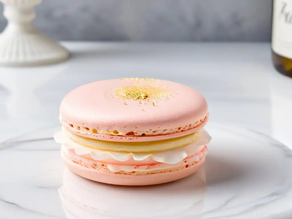 Delicado macaron rosa con polvo dorado sobre mármol blanco