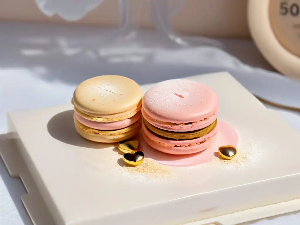 Delicado macaron rosa con polvo dorado sobre mármol blanco