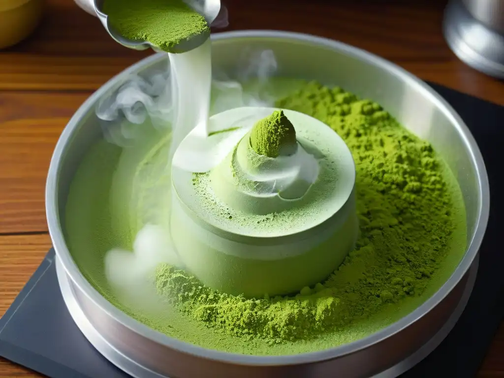 Un delicado polvo de matcha tamizado sobre un fino colador, creando una nube verde en una cocina moderna