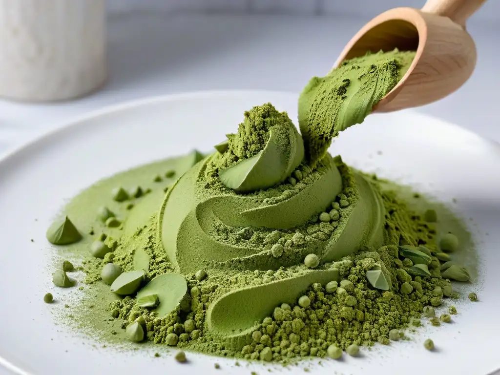 Delicado polvo verde de matcha cayendo en mármol blanco, para recetas postres saludables con matcha
