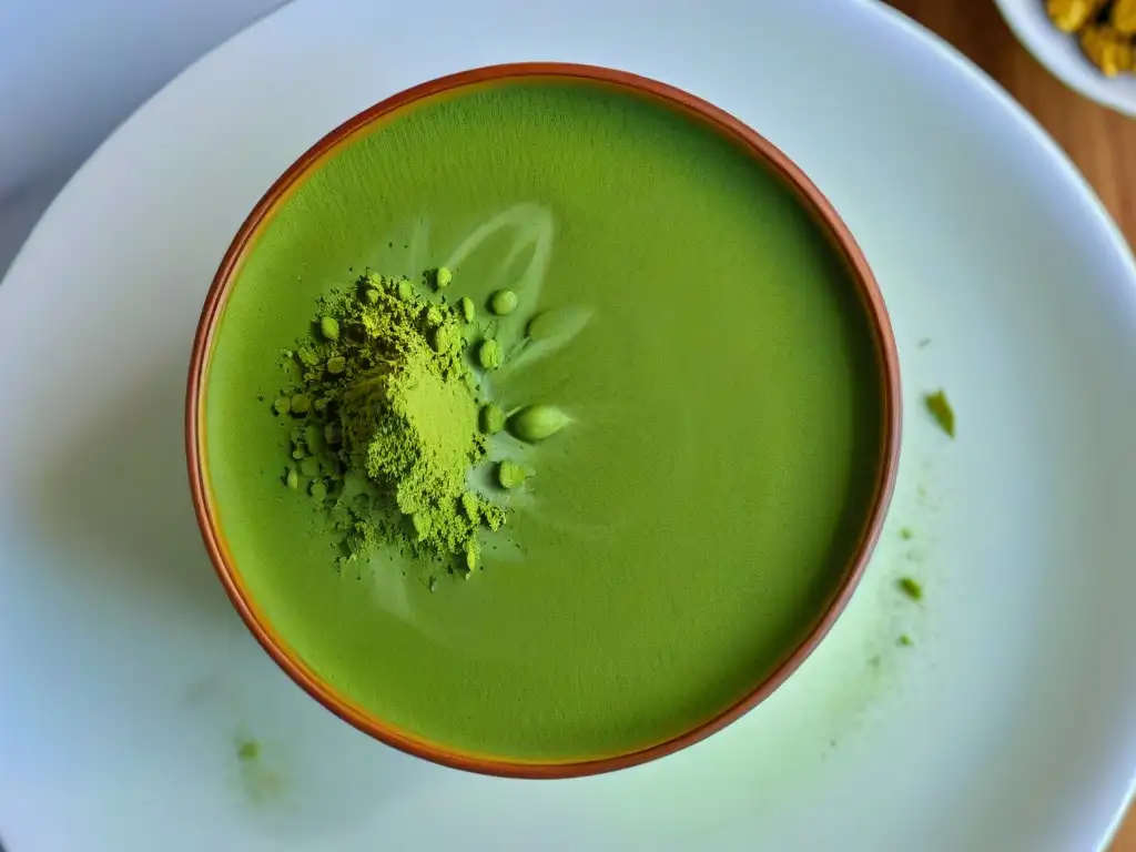 Delicado polvo verde de té matcha cerniéndose sobre un matcha latte cremoso