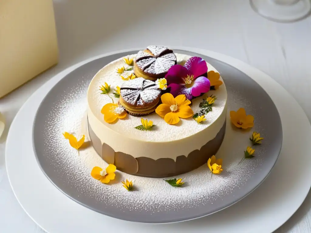 Delicado postre africano con mijo: capas de bizcocho y helado, detalles florales y azúcar glaseado en un elegante plato blanco