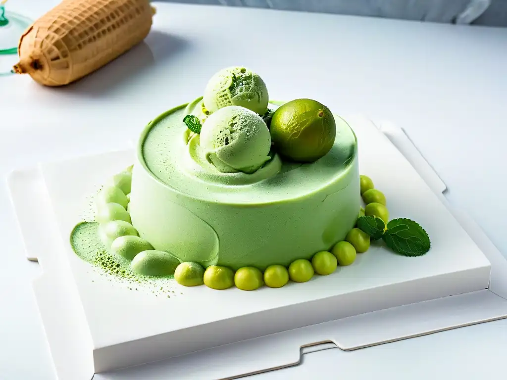 Delicado postre de alta gama: helado de matcha verde vibrante en plato moderno, decorado con polvo de matcha