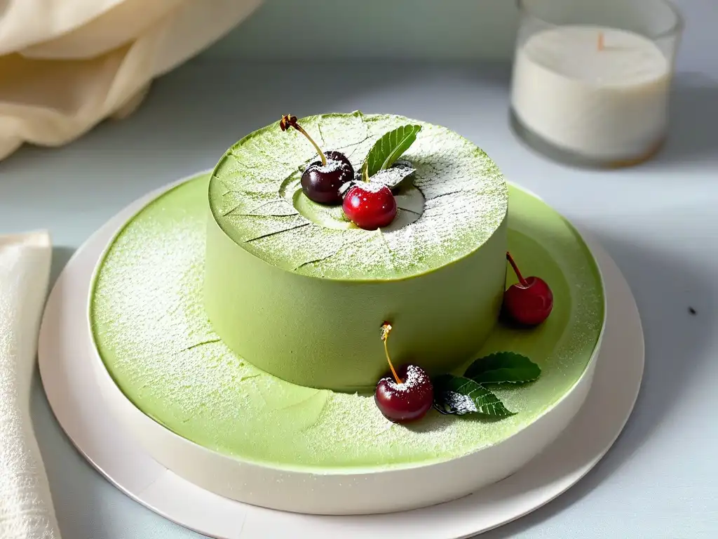 Delicado postre asiático para Occidente: exquisito pastel de mousse de té matcha con cereza roja vibrante