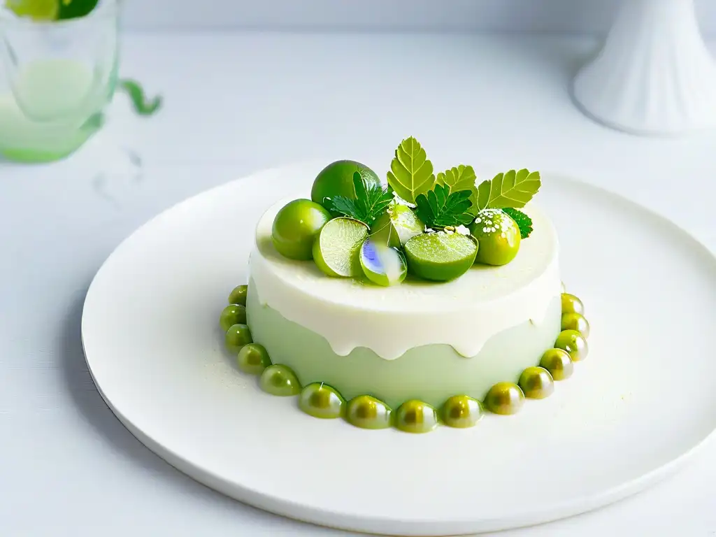 Deliciosa panna cotta con perlas verdes de Finger Lime Delicado postre australiano con perlas verdes de Finger Limes sobre panna cotta blanca