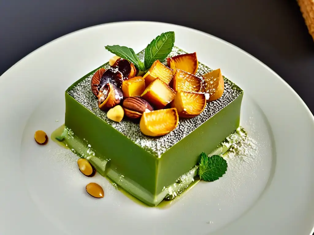 Delicado postre Kanyah con capas de caramelo, coco y cacahuetes, decorado con menta fresca